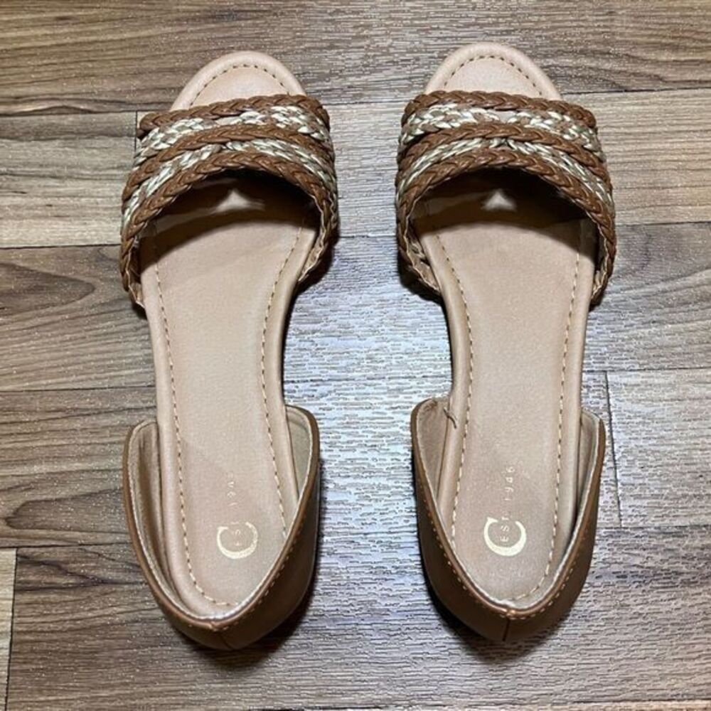 Cato Women’s Braided Straps Slip‎ On Flat Sandals Brown Gold Size 8 - Picture 4 of 8